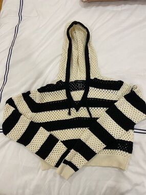 Forever 21 Black & Cream Striped Open-Knit Hoodie Sweater